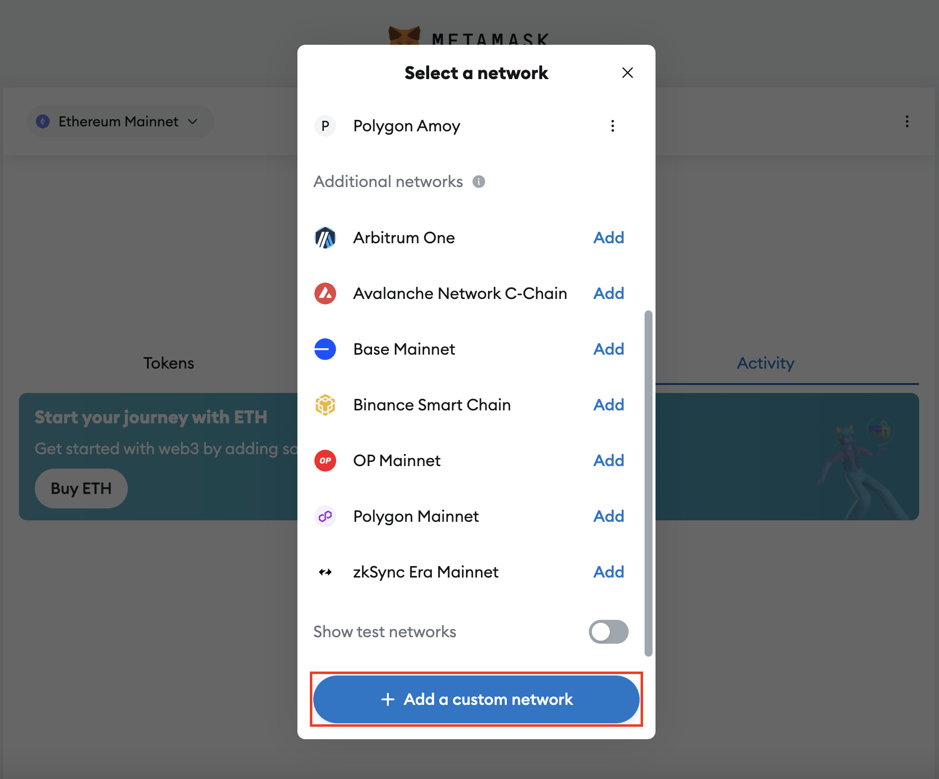 MetaMask Add custom network